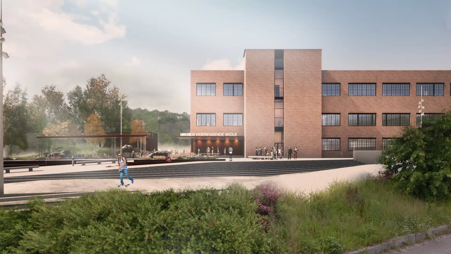 Halden VGS fasade fra vei – Plus Arkitektur – Arkitekt i Fredrikstad, Oslo og Norge